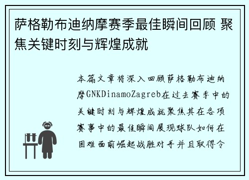 萨格勒布迪纳摩赛季最佳瞬间回顾 聚焦关键时刻与辉煌成就