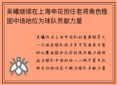 吴曦继续在上海申花担任老将角色稳固中场地位为球队贡献力量 吴曦继续在上海申花担任老将角色稳固中场地位为球队贡献力量