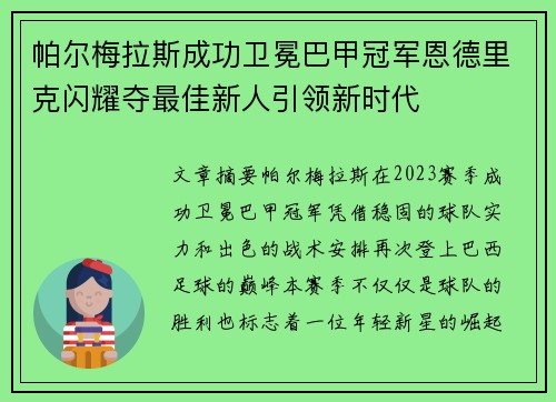 帕尔梅拉斯成功卫冕巴甲冠军恩德里克闪耀夺最佳新人引领新时代 帕尔梅拉斯成功卫冕巴甲冠军恩德里克闪耀夺最佳新人引领新时代