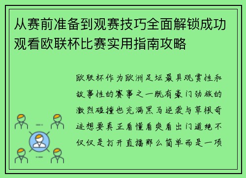 从赛前准备到观赛技巧全面解锁成功观看欧联杯比赛实用指南攻略